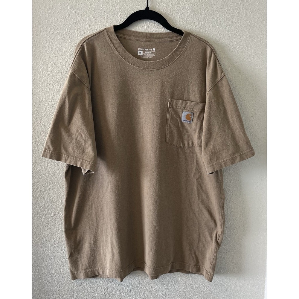 Carhartt Men's T-Shirt Size Medium Loose Fit Tan Short Sleeve Pocket Workwear